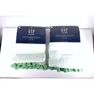 2 Window Curtain Panels Pairs GAP Home Organic Cotton Pom Poms 48”X84" SAGE